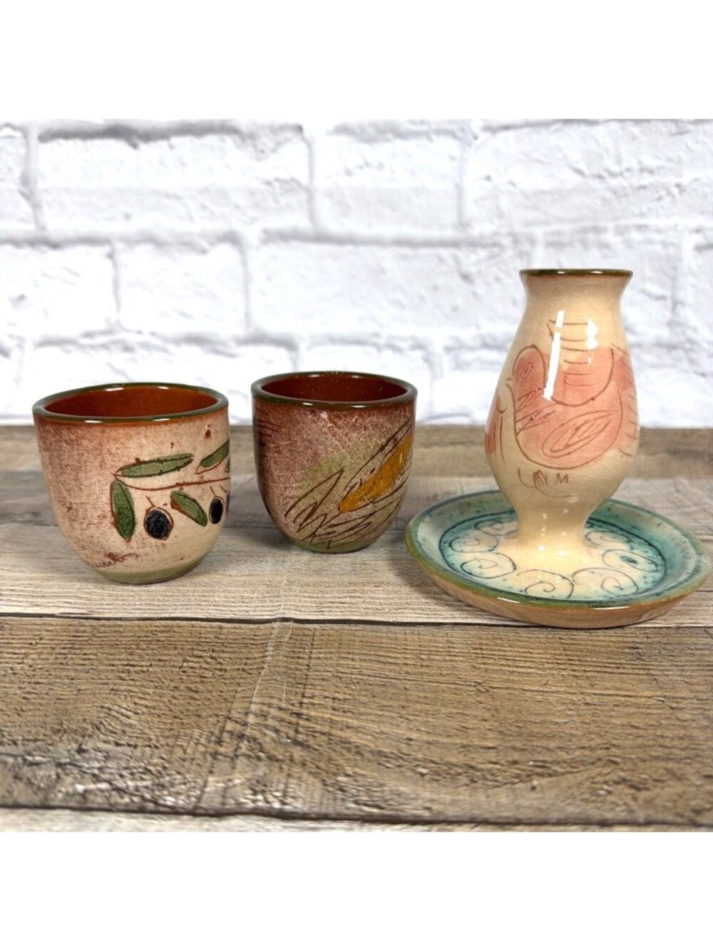Vintage Hand Painted Signed Greek Art Pottery Candlestick Holder 2 Drinking Cups